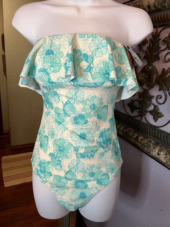 Shade & Shore Other - NWT Shade & Shore White & Aqua Floral Off-Shoulder Ruffle Swimsuit- 1 piece Sz S